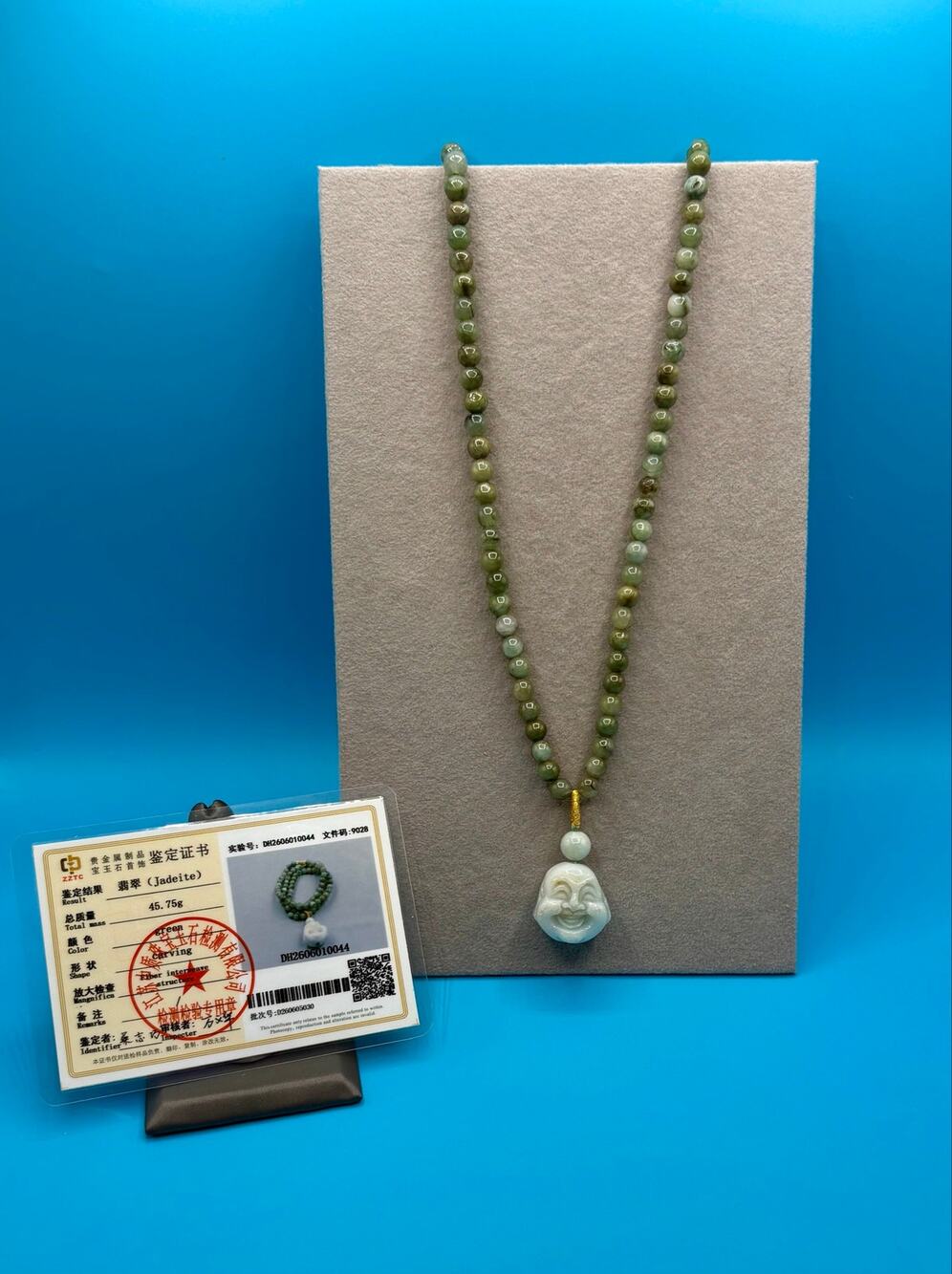 Natural Jadite Jade Beaded Necklace & Buddha Charm w/ Cert